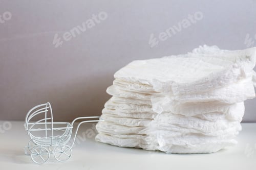 Preview: Baby diapers with toy carriage on a white background