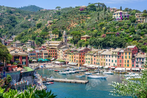 Preview: Beautiful daylight view to ships on water and buildings in Portofino city