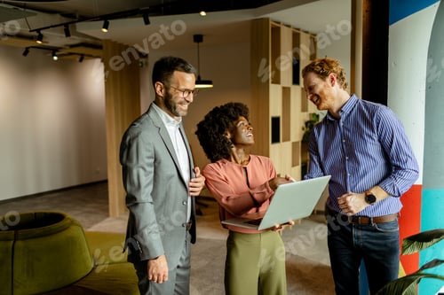 Preview: Creative team engaging in a lively brainstorming session at a colorful office space