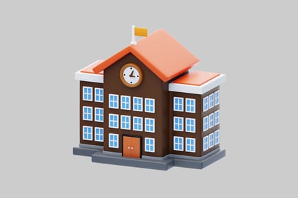 Visualização: Edifício escolar de desenho animado com torre do relógio