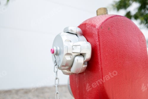 Preview: Red fire hydrant or fireplug connection for firefighters in public road for water supply