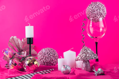 Preview: Merry Christmas. Christmas banner in pink color on a pink Christmas background. Christmas background