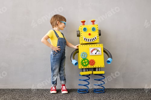 Preview: Happy child with toy robot