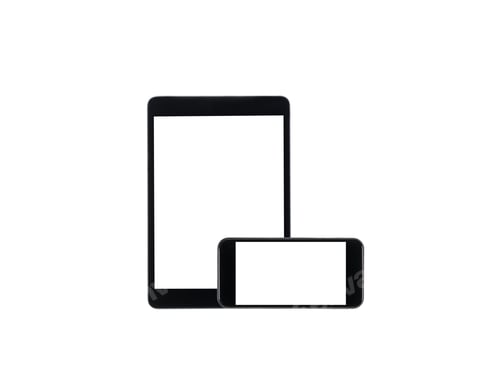 Preview: arranged set of digital tablet and smartphone with blank screens isolated on white