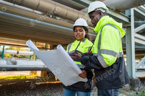 Visualização: Engenheiro segurando o desenho da planta para verificar o gasoduto.