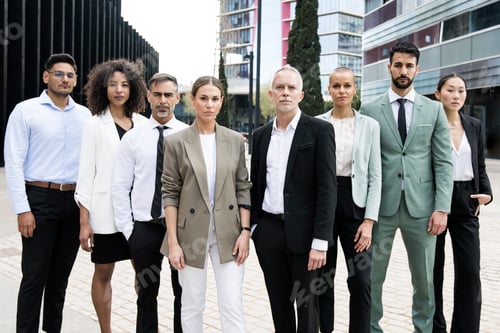 Preview: Multiethnic group of businessman and businesswoman staring at camera Multiracial confident executive