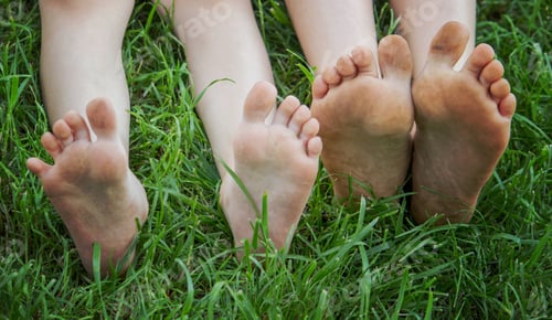 Preview: Children's legs on green grass. Selective focus.