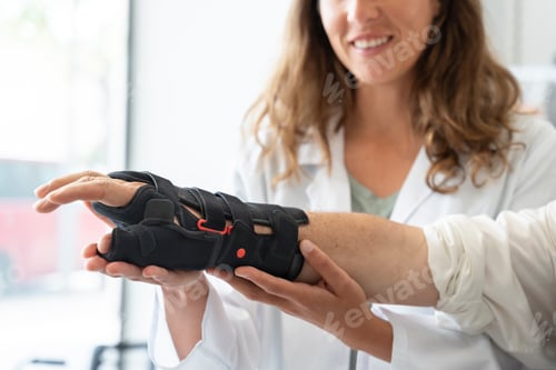 Preview: Senior man with trying on an orthopedic wrist brace