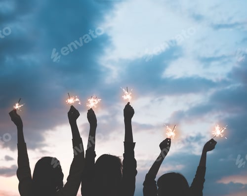 Preview: silhouette happy group of asia girl friends enjoy and play sparkler