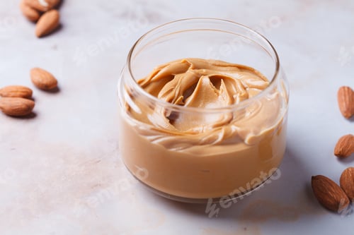 Preview: Almond homemade nut butter in glass jar. Vegan snack concept.