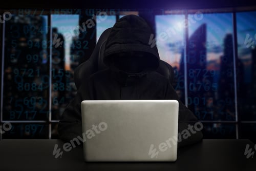 Preview: Hacker using computer with digital interface while sitting at desk of blurry interior. Hacking