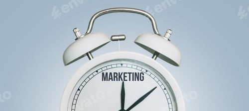 Preview: Marketing time, creative idea. Vintage white Clock and arrows point to marketing