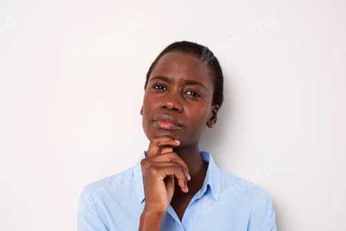 Preview: Close up young african woman thinking with her hand on chin over white background