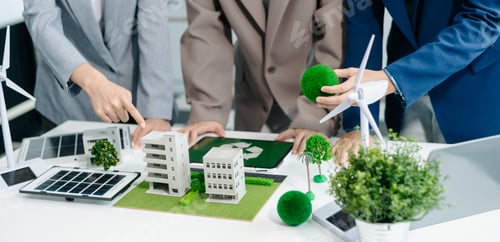 Preview: Business team people planning hand using laptop for working technology and business Net zero