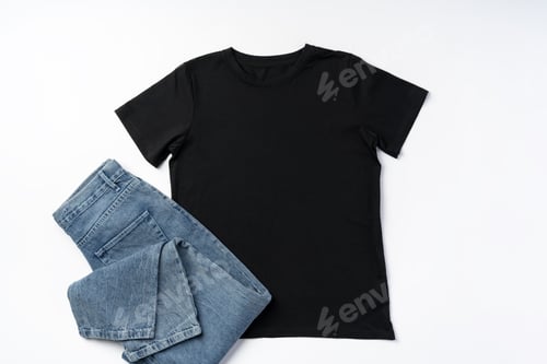 Preview: Cotton T-shirt and jeans on gray background top view