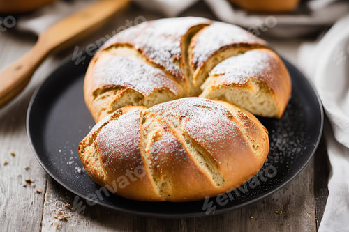 Preview: Sourdough bread with crispy crust on wooden shelf. bakery products