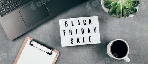 Preview: Black friday sale word on lightbox, laptop, coffee, empty blank, succulent plant on table. Banner
