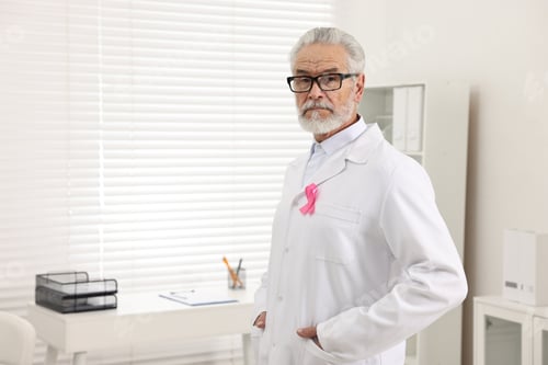 Preview: Mammologist with pink ribbon in hospital, space for text. Breast cancer awareness
