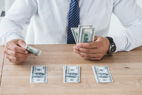 Preview: cropped image of business adviser counting dollar banknotes on table in office