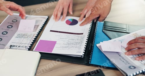 Preview: Hands, business and people with documents in office of finance report, investment chart and applica