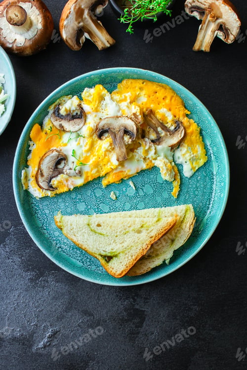 Preview: Scramble Fried Eggs Omelet Mushrooms Menu Concept Healthy Eating. Food Background Top View Copy