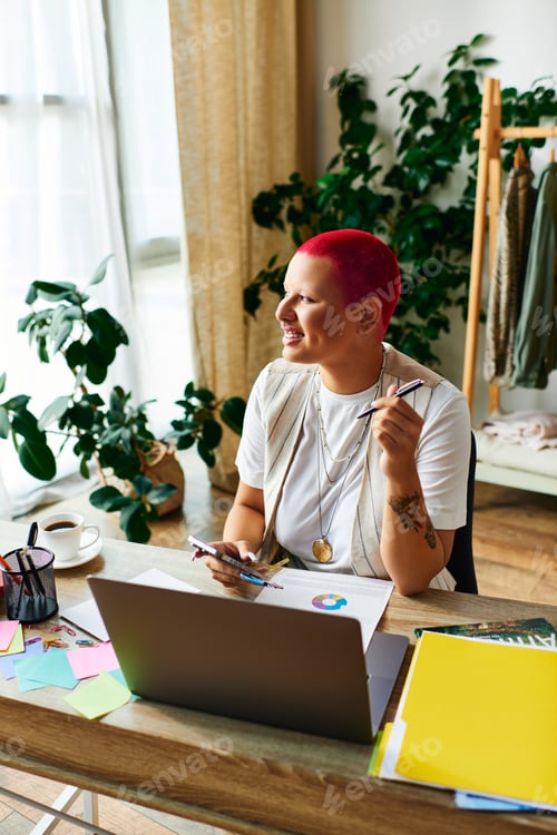 Preview: A young woman with bright red hair joyfully works from home surrounded by greenery and creativity