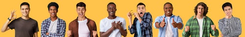 Preview: Millennials multiracial guys showing various emotions on yellow