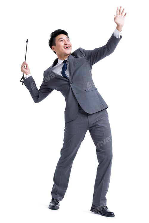 Preview: Happy businessman with arrow in hand