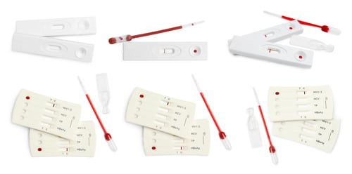 Preview: Set with disposable express test kits for hepatitis on white background. Banner design