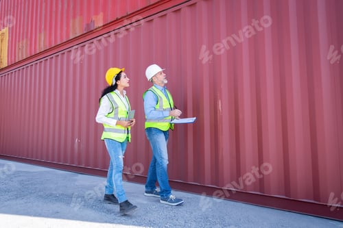 Preview: Engineers wearing safe uniform with radio communication working in the construction container dock y