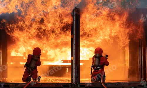 Preview: fire fighter team on training fight with massive gas fire by spray jet turbulence water extinguish