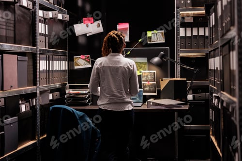 Preview: Woman investigator looking at detective board, analyzing evidence
