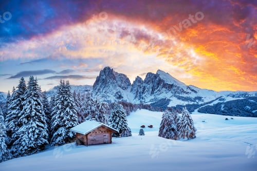 Preview: Picturesque landscape with small wooden house on meadow Alpe di Siusi