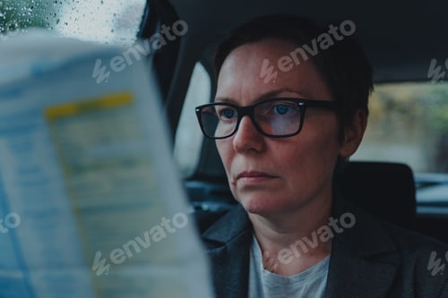 Preview: Businesswoman reading business report at backseat of a car during the rain