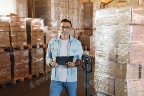 Preview: Warehouse worker checking inventory using clipboard and pallet jack