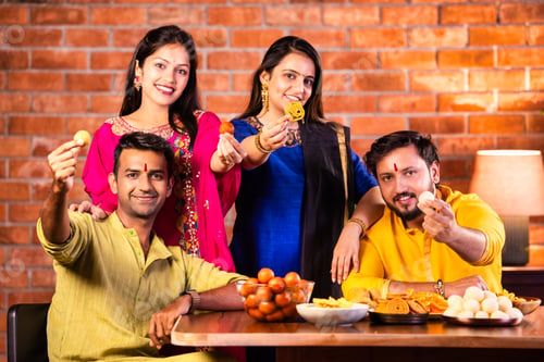 Preview: Cheerful Indian couples, friends celebrating Diwali at home with drinks, sweets, and taking selfies