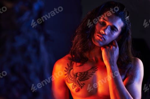 Preview: Sexy man, face and mirror reflection for beauty, art or self care of a person with hand on skin. St