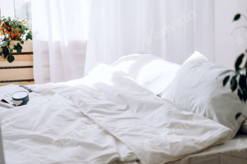 Preview: Comfortable bed with soft pillows and green plant in bedroom interior.