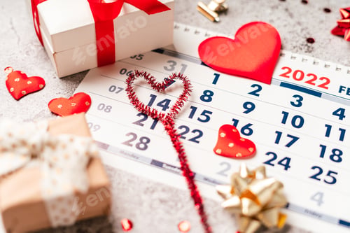 Preview: Calendar for valentine day. Flat lay, top view. 14 February.