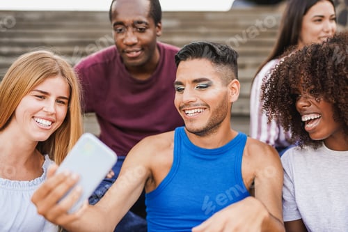 Preview: Multiracial young people having fun taking a selfie outdoor during summer time