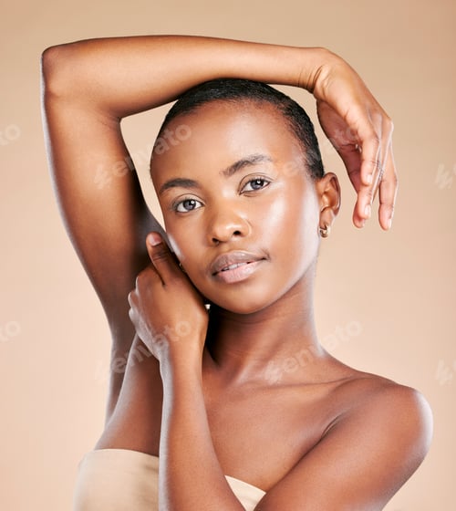 Preview: Black woman, facial and makeup in skincare cosmetics for soft beauty isolated against studio backgr