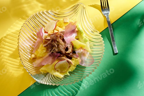 Preview: Salad with roasted duck, radish and onion in a plate with bright backgrounds