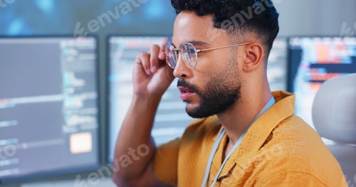 Preview: Serious, man and computer coding with programming tech for cybersecurity, developer update and upgr