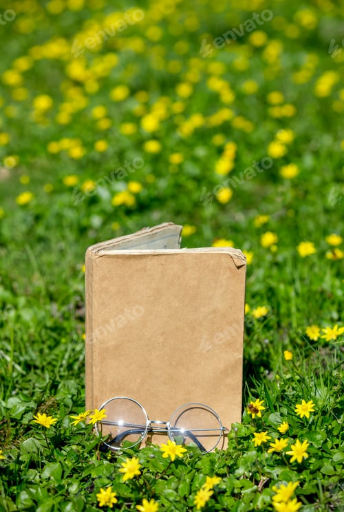 Preview: Old book with glasses for reading on yellow flowers meadow