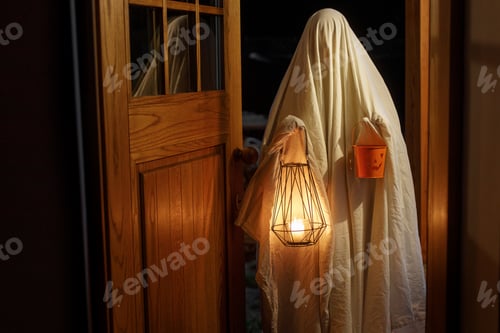 Preview: Trick or treat! Spooky ghost holding glowing lantern and halloween candy bucket in doors in dark