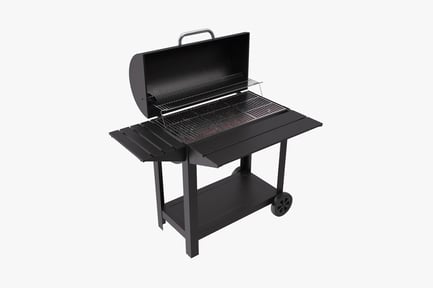 Visualização: Churrasqueira de tambor ao ar livre com tampa e mesa lateral