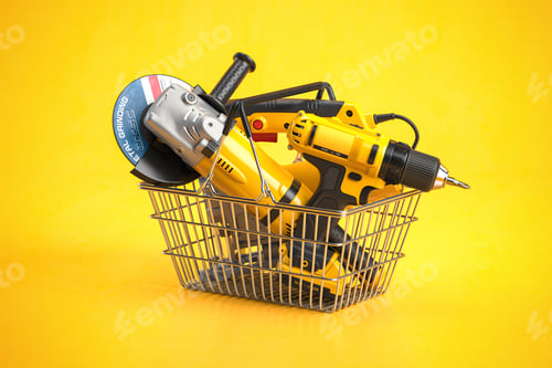 Preview: Shopping basket with elecric tools and construction equipment angle grinder, electric drill