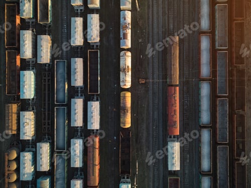 Preview: Aerial view of railway wagons. Cargo trains at sunset