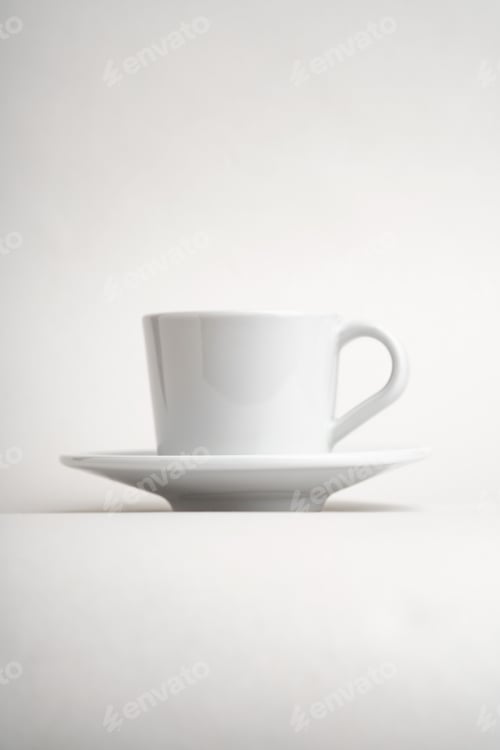 Preview: Vertical shot of a white little cup and saucer isolated on a white background