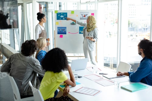 Preview: Mixed-race businesswoman in hijab giving presentation on flip chart during meeting